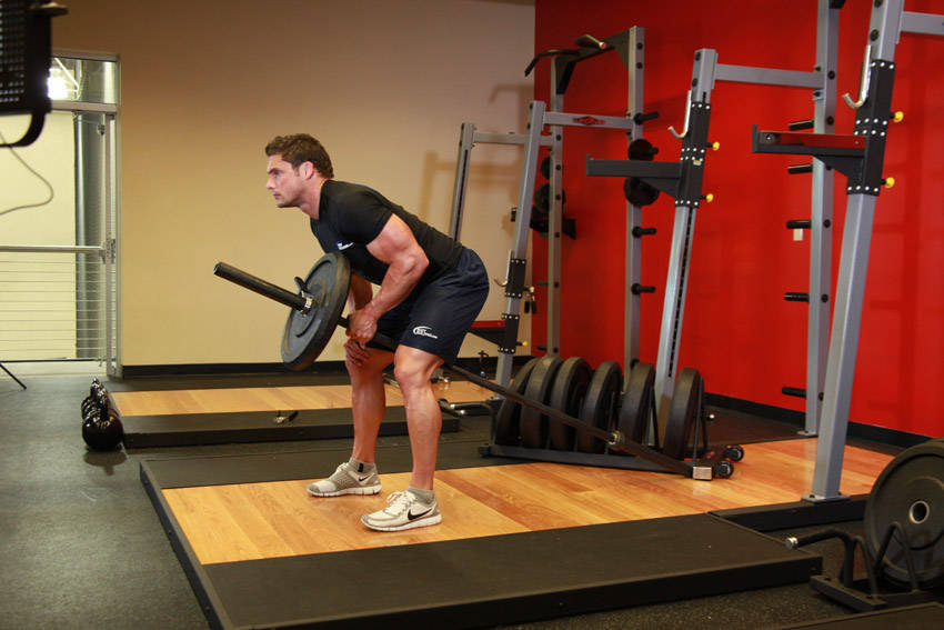 Bent Over One-Arm Long Bar Row — End position