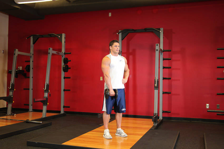 Dumbbell One-Arm Upright Row — End position