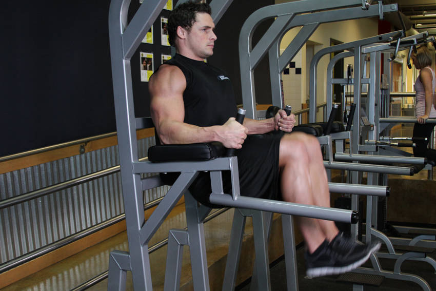Knee/Hip Raise On Parallel Bars — End position