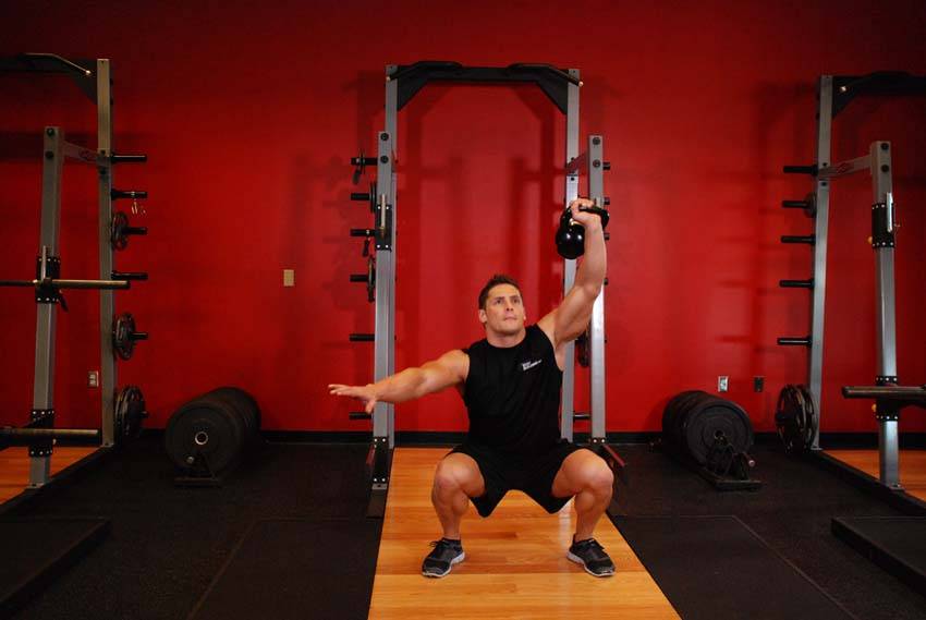 One-Arm Overhead Kettlebell Squats — End position