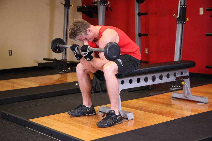 Seated Close-Grip Concentration Barbell Curl — End position
